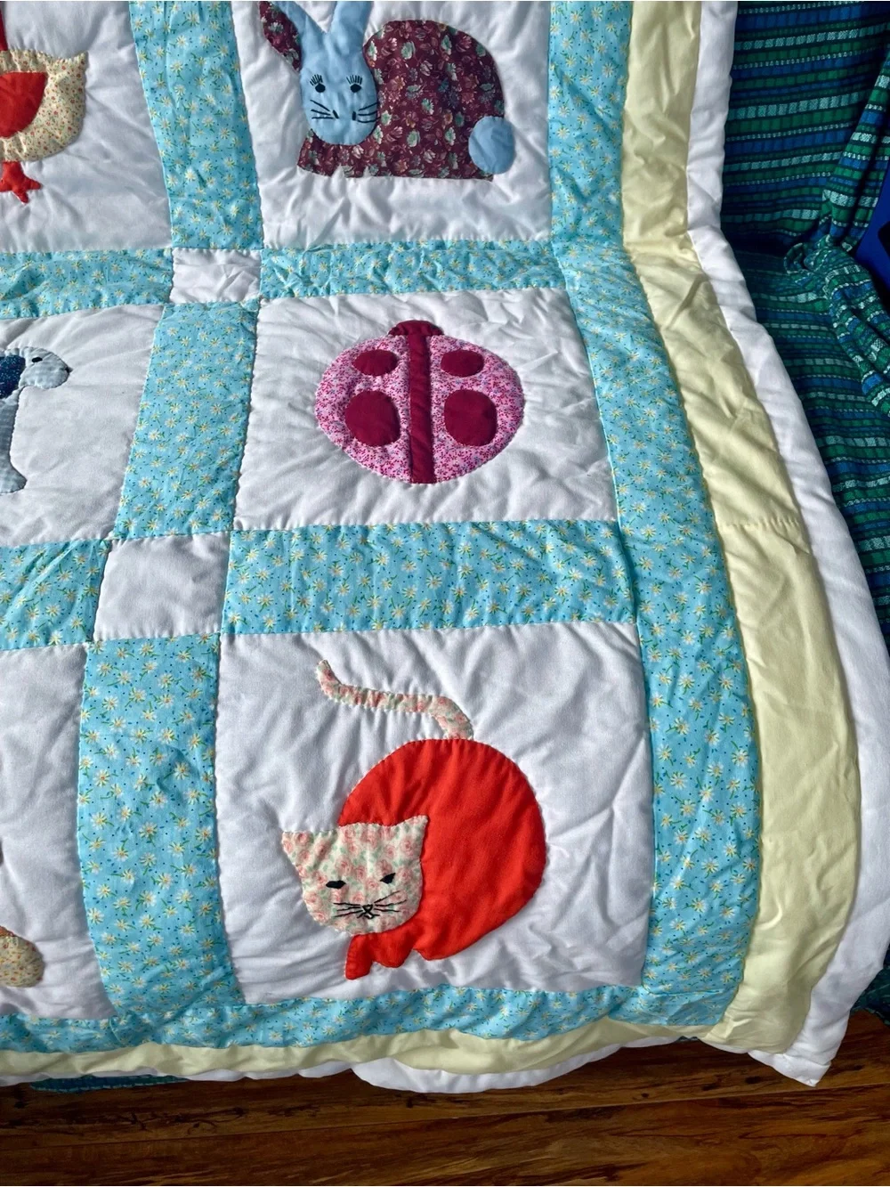 Handmade Baby Patchwork Animal Appliqué Quilt in Pastel Blue & Yellow